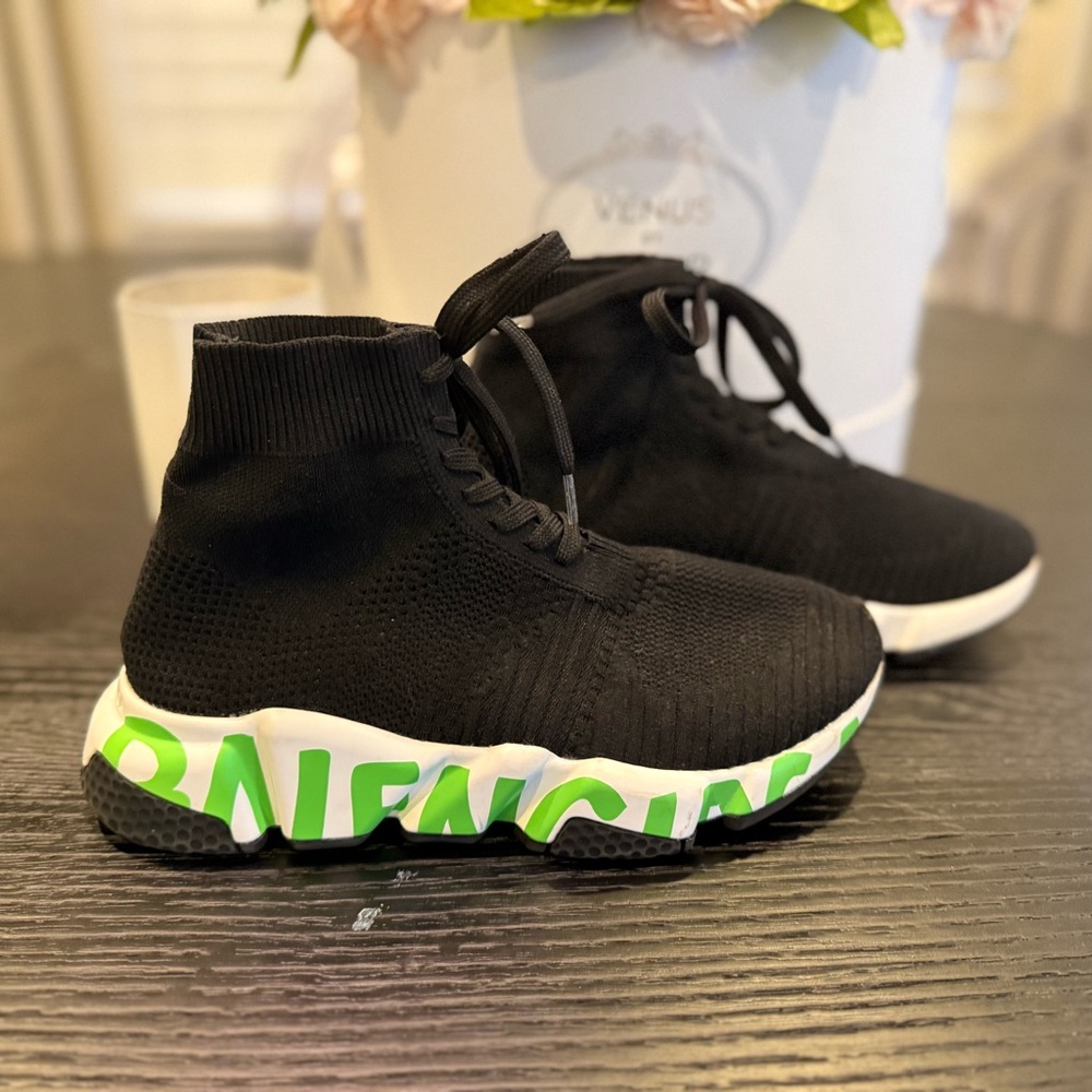 Balenciaga Speed Lace Up Tie Graffiti Black Green Sock High Top Knit Sneaker